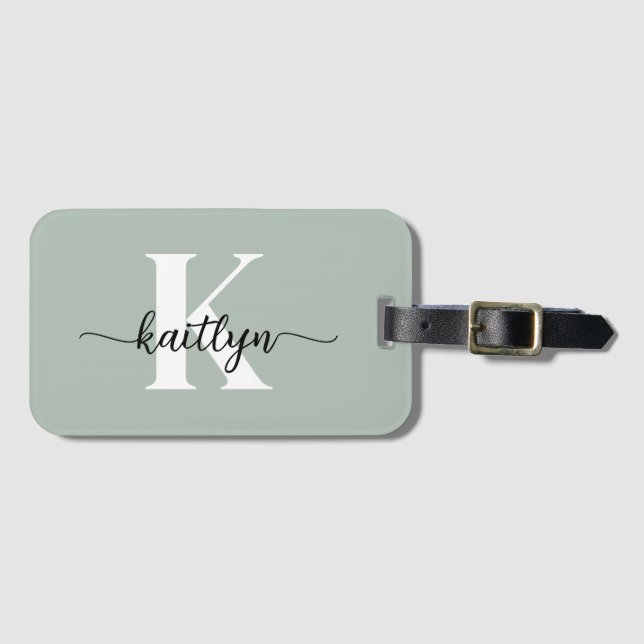 Sage Green Script Monogram Luggage Tag (Front Horizontal)