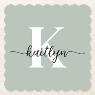 Sage Green Script Monogram Paper Coaster