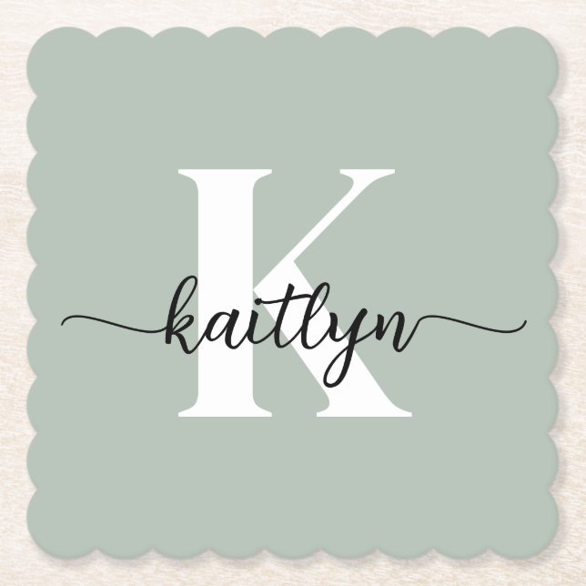 Sage Green Script Monogram Paper Coaster (Front)