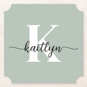 Sage Green Script Monogram Paper Coaster