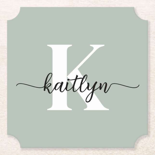 Sage Green Script Monogram Paper Coaster (Front)