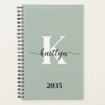Sage Green Script Monogram Planner<br><div class="desc">This simple, elegant sage green 5.5 x 8.5 soft planner with your first name in a trendy script font in black and your first initial in a modern cap font in white is perfect for you. It's stylish and trendy and yet very classic. It will make keeping appointments, meetings, deadlines,...</div>