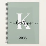 Sage Green Script Monogram Planner<br><div class="desc">This simple, elegant sage green 8.5 x 11 soft planner with your first name in a trendy script font in black and your first initial in a modern cap font in white is perfect for you. It's stylish and trendy and yet very classic. It will make keeping appointments, meetings, deadlines,...</div>