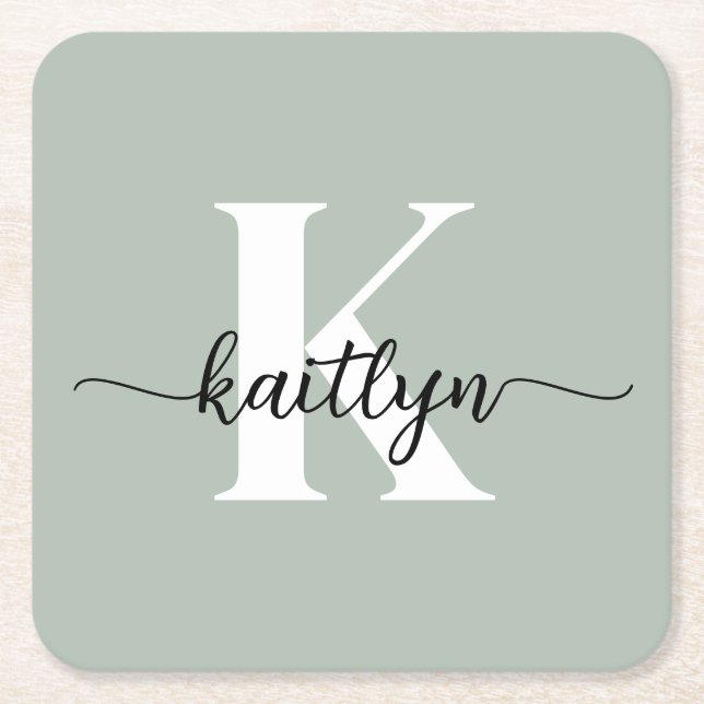 Sage Green Script Monogram Square Paper Coaster (Front)