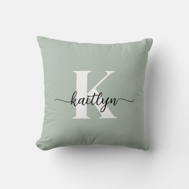 Sage Green Script Monogram Throw Pillow (Front)