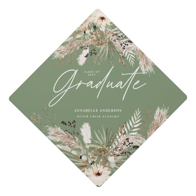 Sage green script pampas eucalyptus elegant decor graduation cap topper (Front)