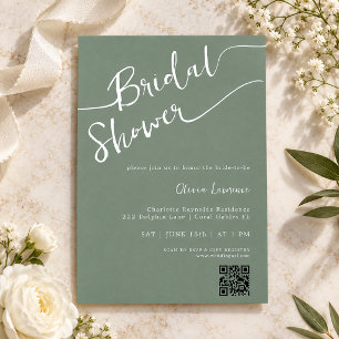 Sage Green Script QR Code Bridal Shower Invitation