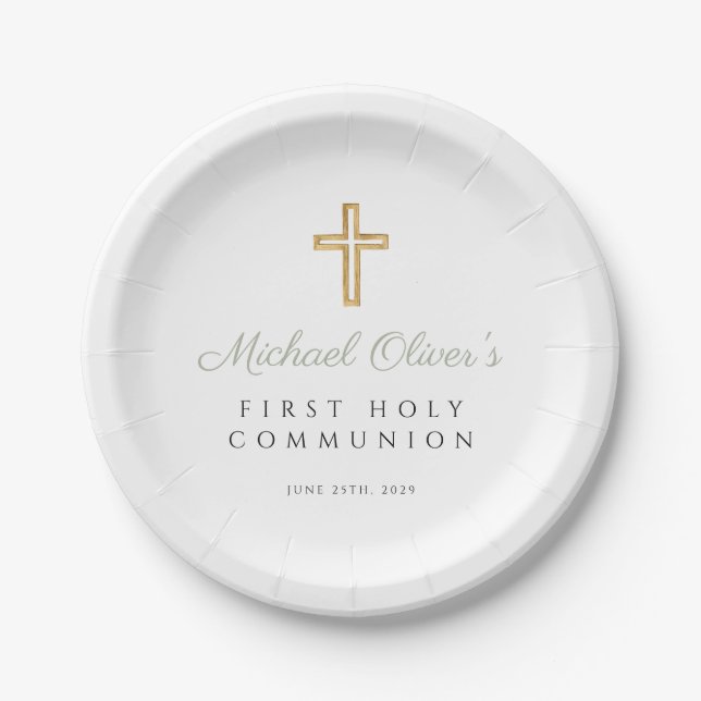 Sage Green Script Religious First Communion Paper Plate (Front)