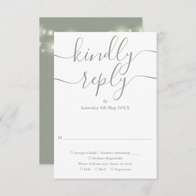 Sage Green Script String Lights Wedding RSVP Card (Front/Back)