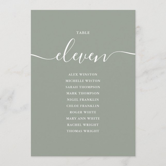 Sage Green Script Table Number 11 Seating Chart (Front)