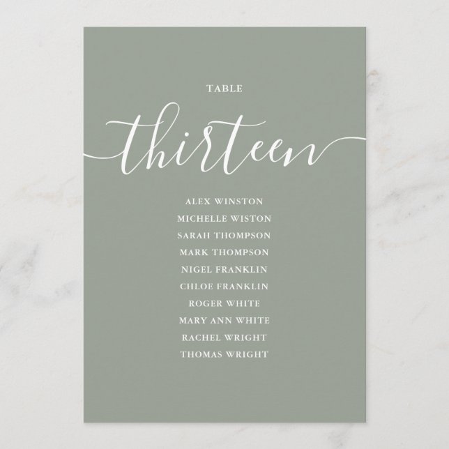 Sage Green Script Table Number 13 Seating Chart (Front)