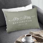 Sage Green Script Typography Personalized Mr Mrs Accent Pillow<br><div class="desc">Sage Green Script Wedding Heart Arrows Mr Mrs Throw Pillow personalized with the happy couple's last name,  & wedding date! Easy to customize for the perfect gift for weddings,  anniversaries,  first Christmas,  engagement,  etc. Please contact us at cedarandstring@gmail.com if you need assistance with the design or matching products.</div>