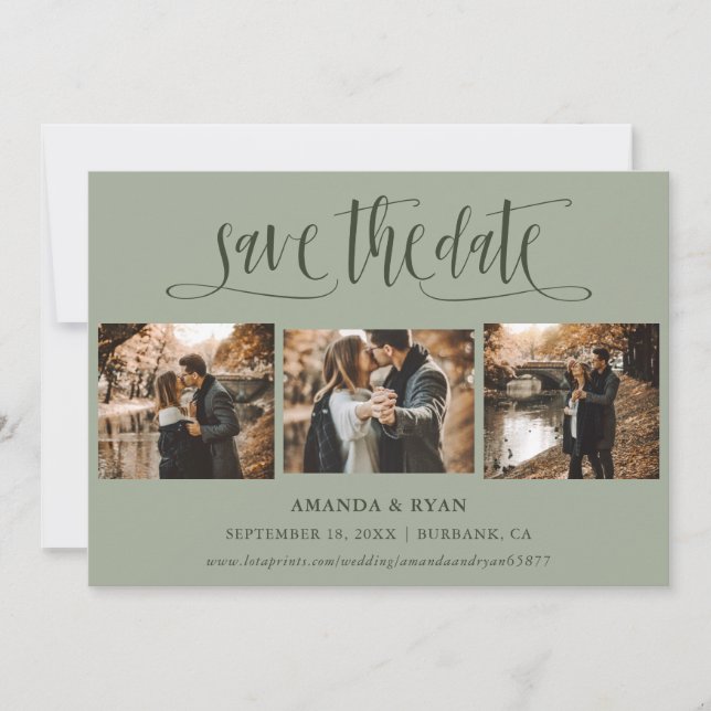 Sage Green Script Wedding Photo Save The Date (Front)