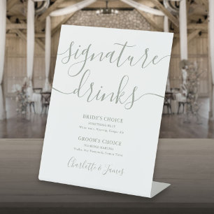 Sage Green Script Wedding Signature Drinks Pedesta Pedestal Sign