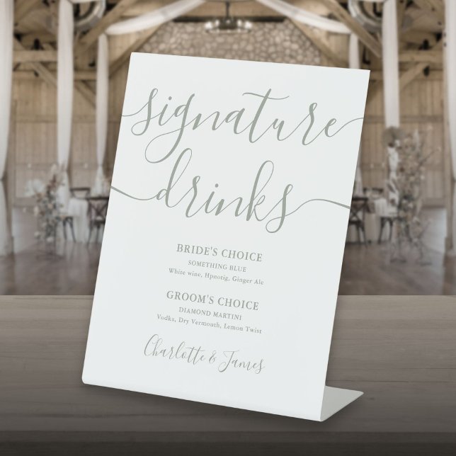 Sage Green Script Wedding Signature Drinks Pedesta Pedestal Sign (Sage Green Script Wedding Signature Drinks Pedesta Pedestal Sign)