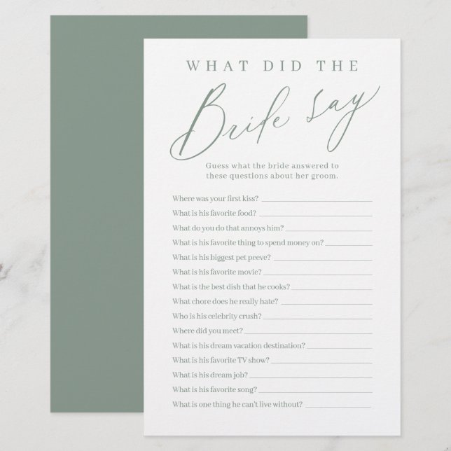 Sage green script what did the bride say game (Front/Back)
