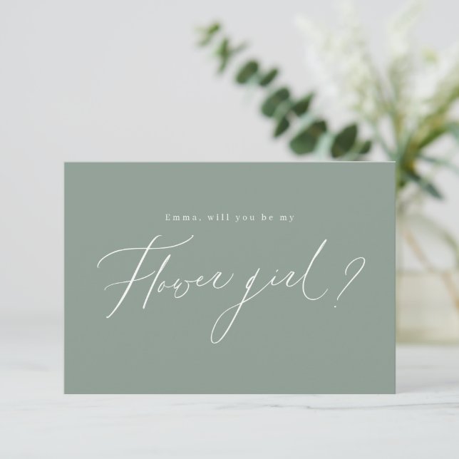Sage green script will you be my flower girl invitation (Standing Front)