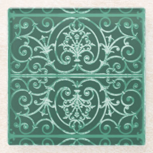 Sage green scrollwork pattern glass coaster