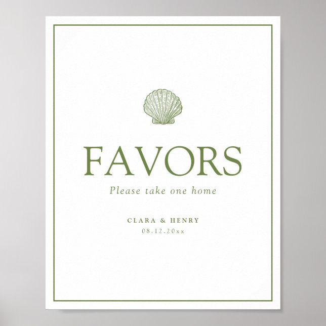 Sage Green Seashell Wedding Favours Table Sign (Front)