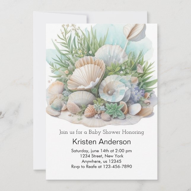 Sage Green Seashell Whimsical Meadow Baby Shower Invitation (Front)