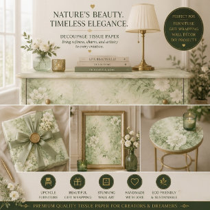 Sage Green Shabby Chic Floral Decoupage Craft Tissue Paper
