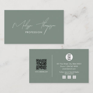 Sage Green Signature Script Professional QR Code  Business Card