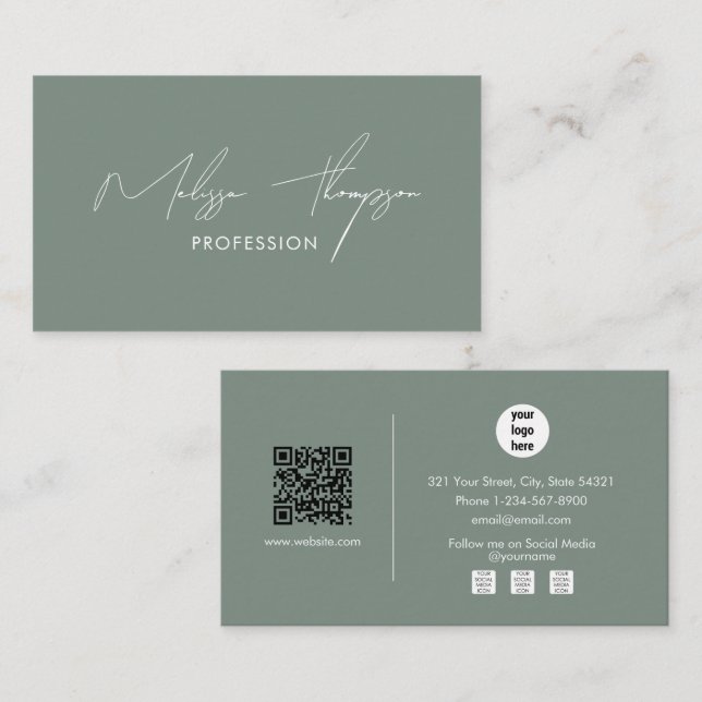 Sage Green Signature Script Professional QR Code  Business Card (Front/Back)