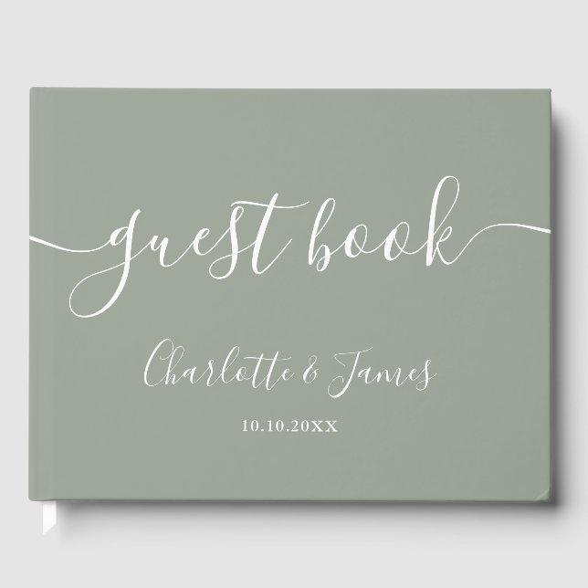 Sage Green Signature Script Wedding Guest Book (Front)