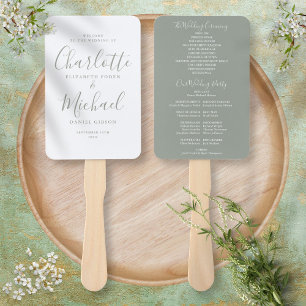 Sage Green Signature Script Wedding Program Hand Fan