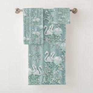 Sage Green Silk Drapes & Flamants roses Fleurs