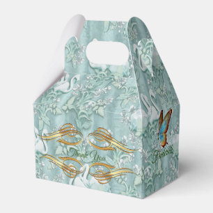 Sage green silk drapes & flamingos flowers favor box