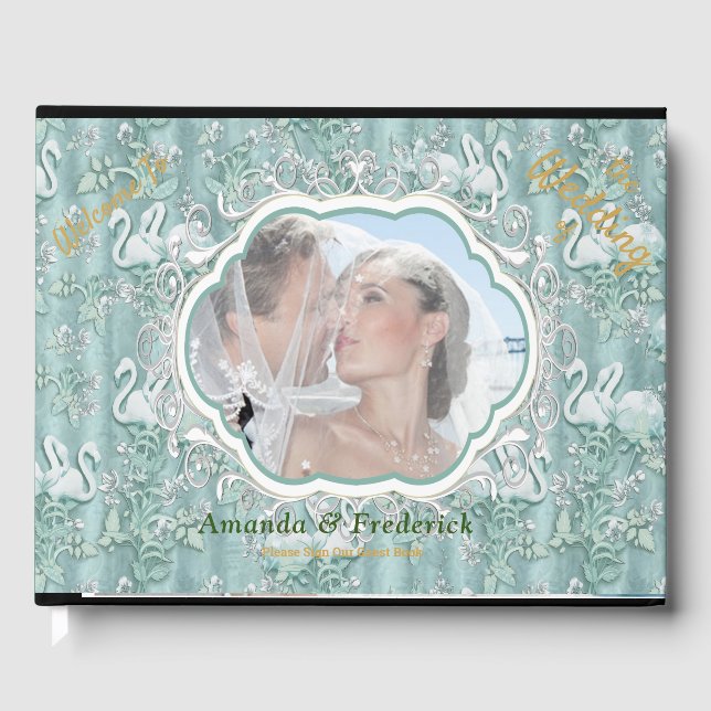 Sage green silk drapes & flamingos flowers guest book (Front)