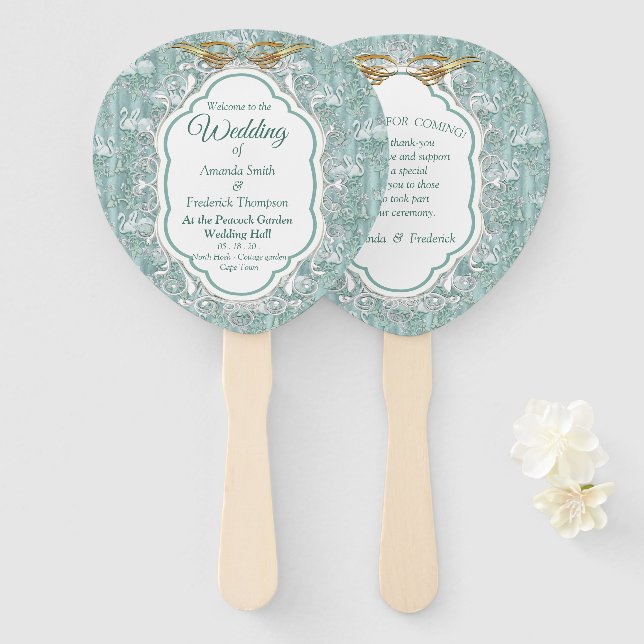 Sage green silk drapes & flamingos flowers hand fan (Front and Back)