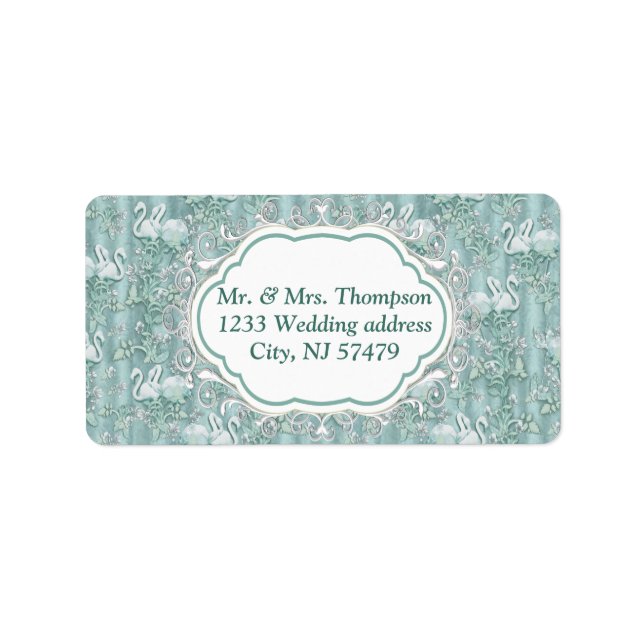 Sage green silk drapes & flamingos flowers label (Front)