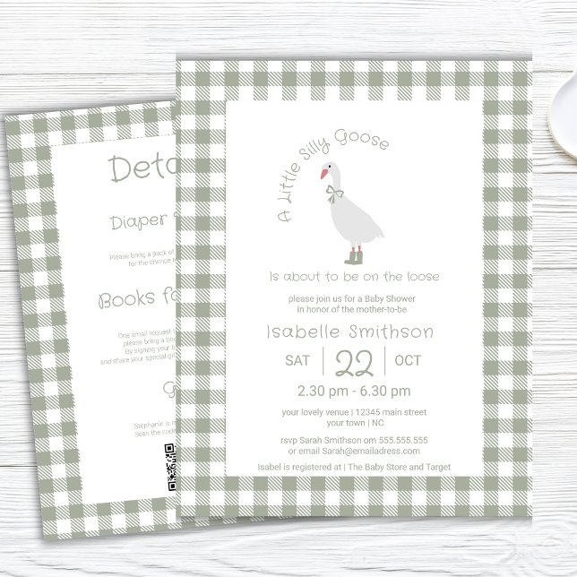 Sage Green Silly Little Goose Baby Shower QR Code  Invitation (Creator Uploaded)