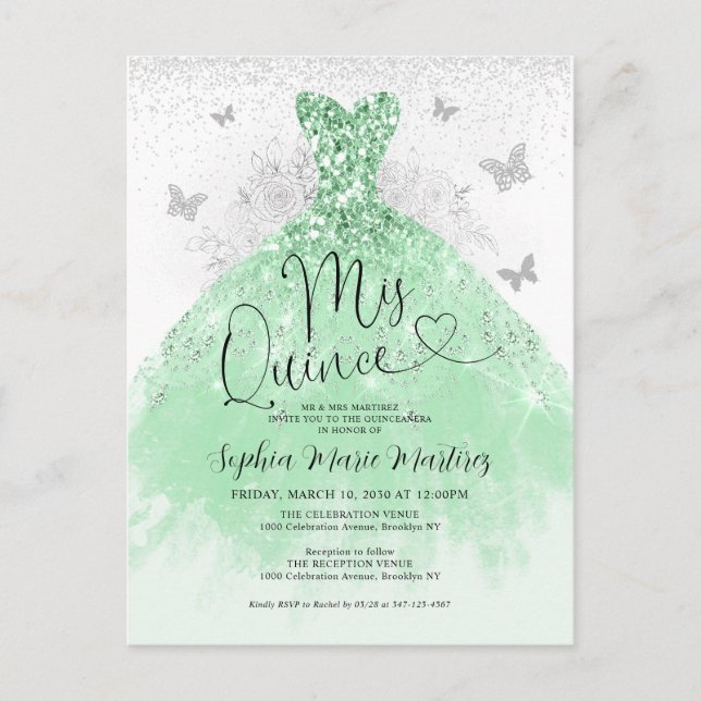 Sage Green Silver Dress Mis Quince Quinceañera Postcard (Front)