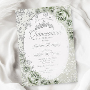 Sage Green Silver Floral Quinceanera