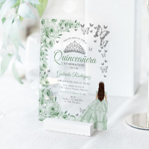 Sage Green Silver Floral Quinceanera Acrylic Invitations