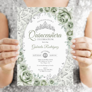 Sage Green Silver Floral Quinceanera Invitation