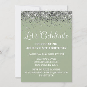 Sage Green & Silver Glitter 50th Birthday Party Invitation