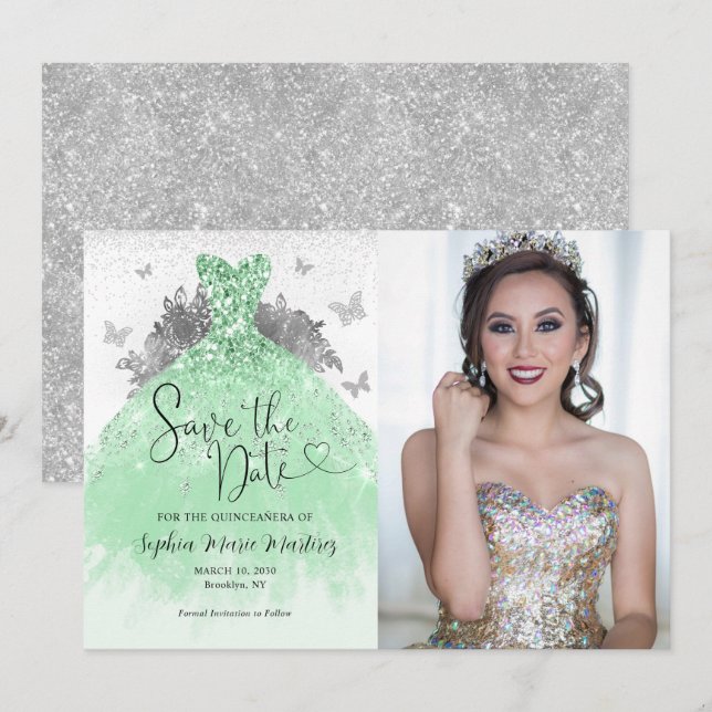 Sage Green Silver Glitter Dress Quinceañera Photo Save The Date (Front/Back)