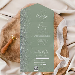 Sage Green Silver Glitter QR Code Wedding All In One Invitation