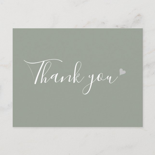 Sage Green Silver Heart Script Business Thank You Postcard (Front)