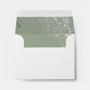 Sage Green & Silver Lace Inside White Wedding RSVP Envelope