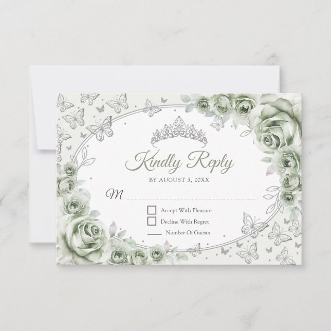 Sage Green Silver Quinceanera Reply RSVP Card (Front)