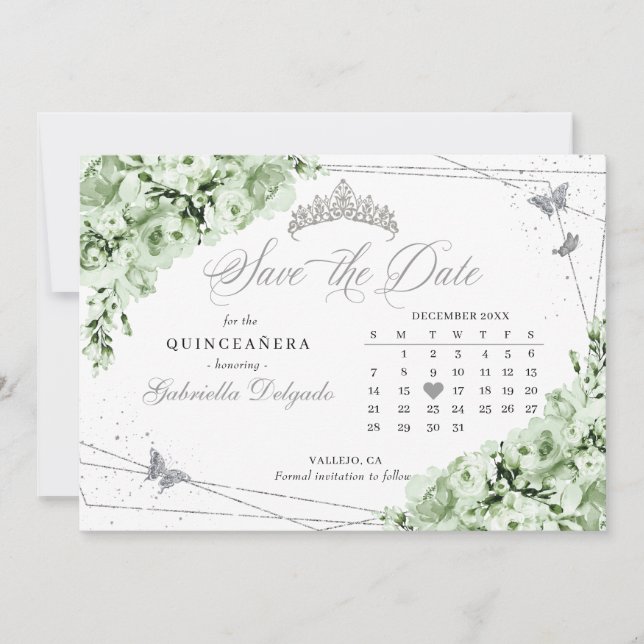 Sage Green & Silver Quinceañera Save The Date Invitation (Front)