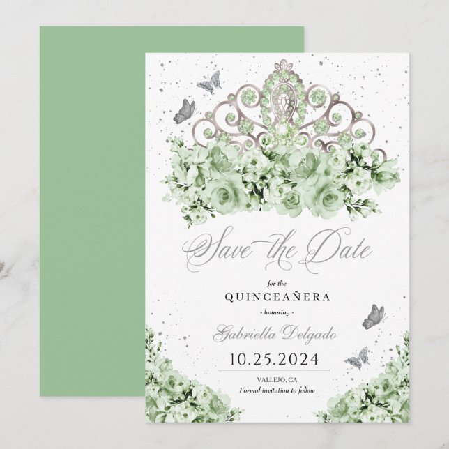 Sage Green Silver Tiara Save The Date Quinceañera Invitation (Front/Back)