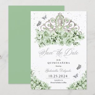 Sage Green Silver Tiara Save The Date Quinceañera Invitation