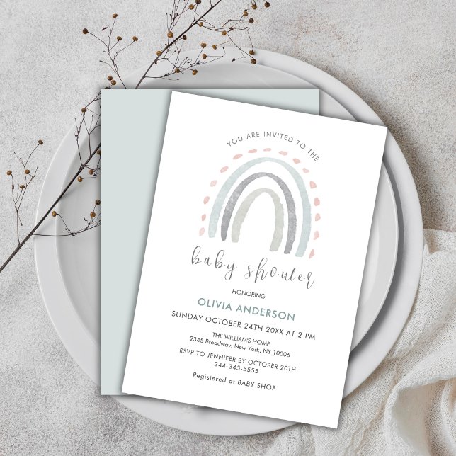 Sage Green Simple Boho Rainbow Girl Baby Shower Invitation (Sage Green Simple Boho Rainbow Girl Baby Shower Invitation)