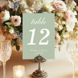 Sage Green Simple Calligraphy White Script Wedding Table Number<br><div class="desc">A simple wedding table number for a sage green wedding color scheme. It is just white text on a sage green background. Everything except the number itself is written in an elegant calligraphic script.

A mockup image by Freepik was used for making the cover photo.</div>